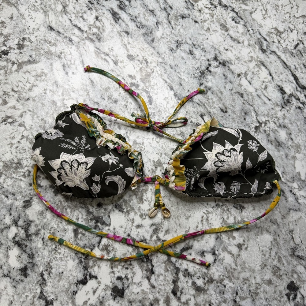 Banana Moon Bikini Top Womens 44 Black Floral Triangle Ruffle Shell Swimwear